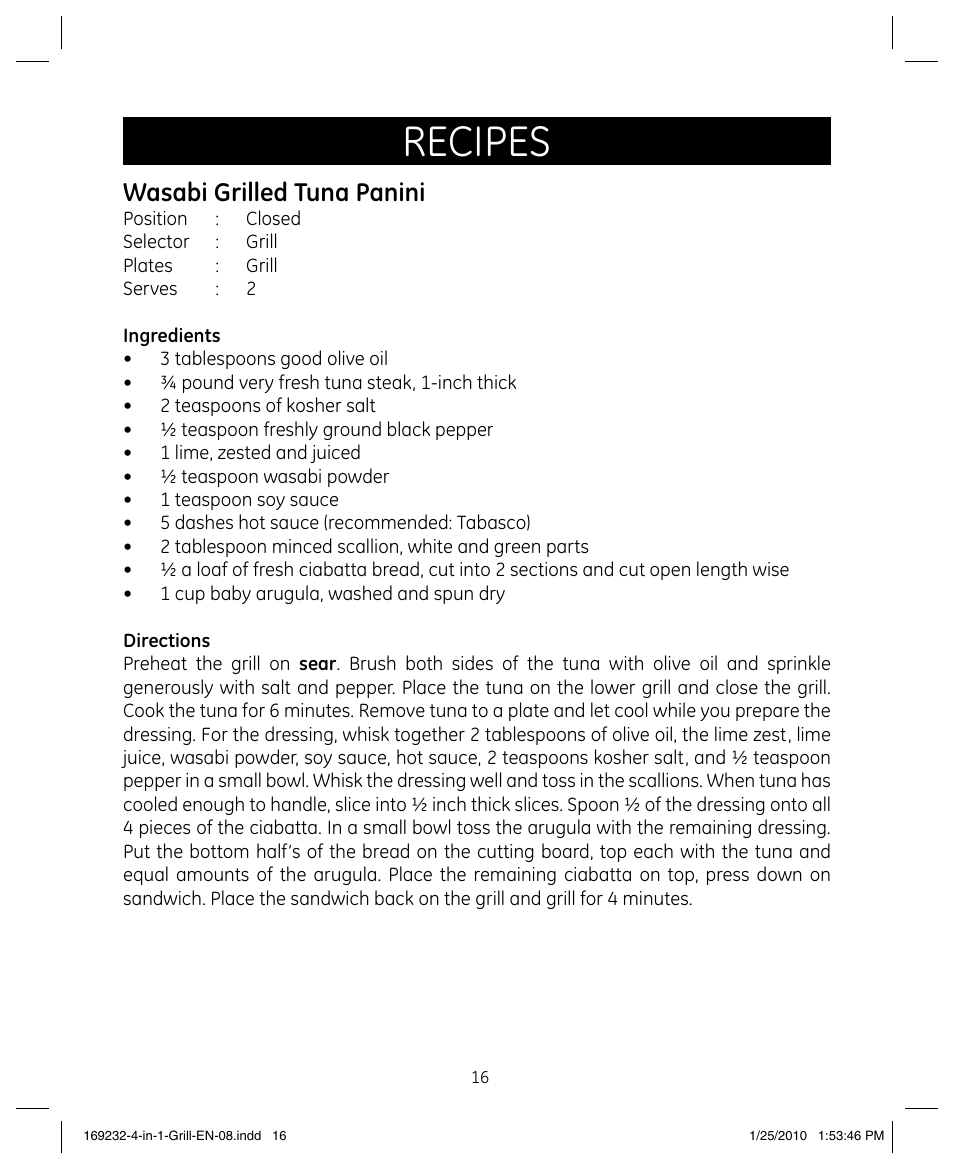 Recipes, Wasabi grilled tuna panini | GE 681131692328 User Manual | Page 16 / 26