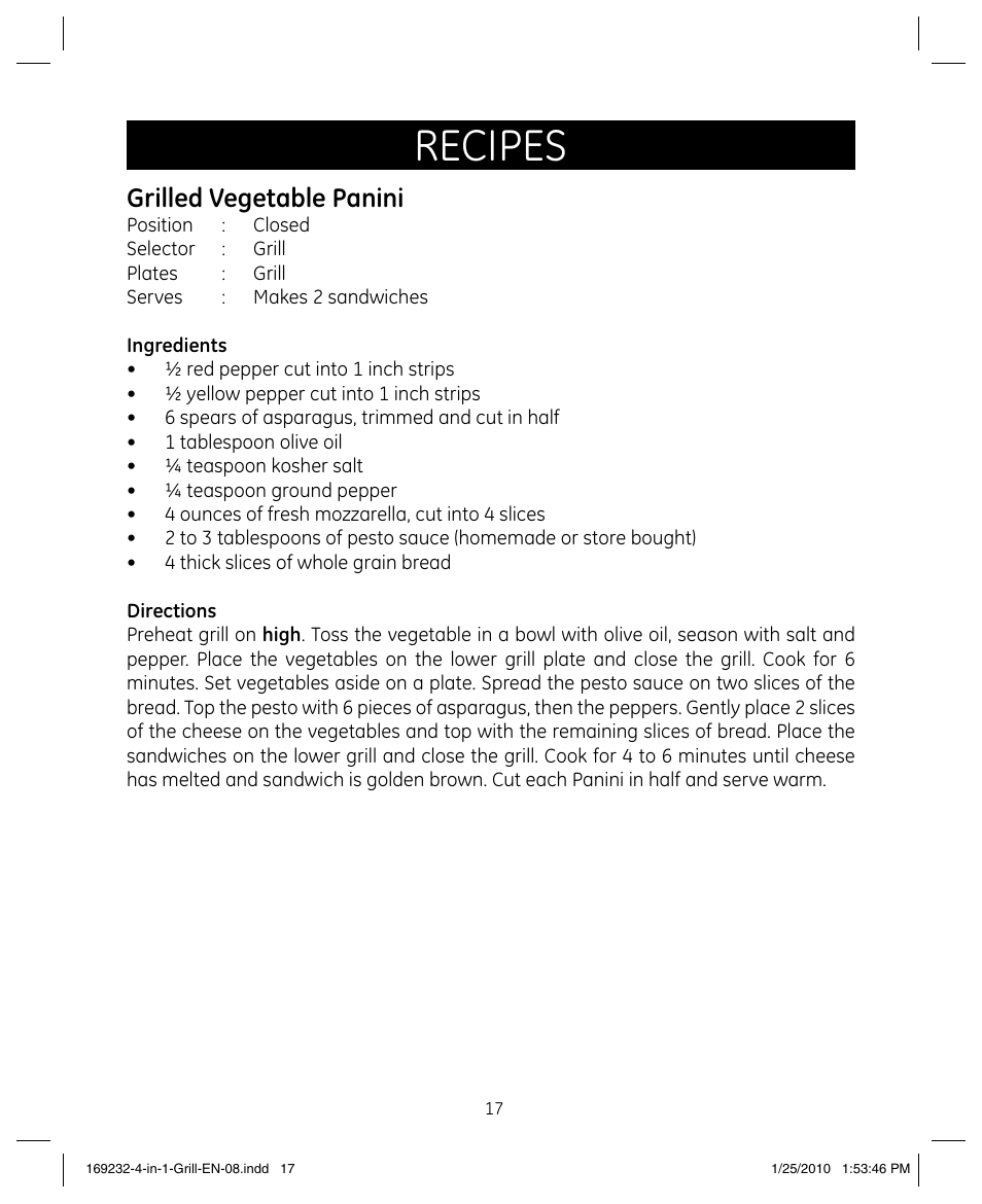 Recipes, Grilled vegetable panini | GE 681131692328 User Manual | Page 17 / 26