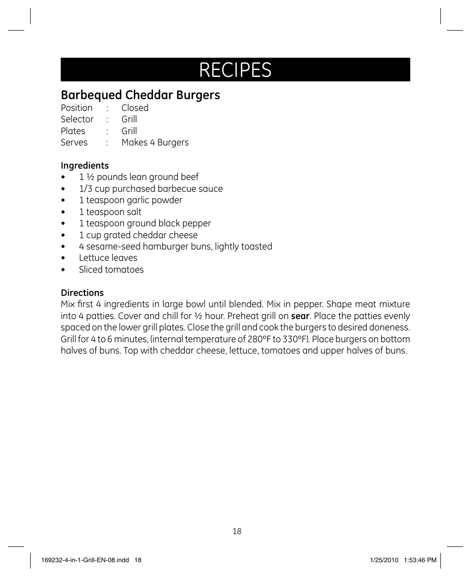 Recipes, Barbequed cheddar burgers | GE 681131692328 User Manual | Page 18 / 26