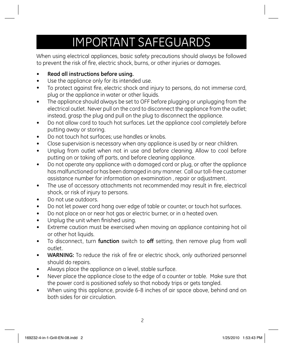 Important safeguards | GE 681131692328 User Manual | Page 2 / 26
