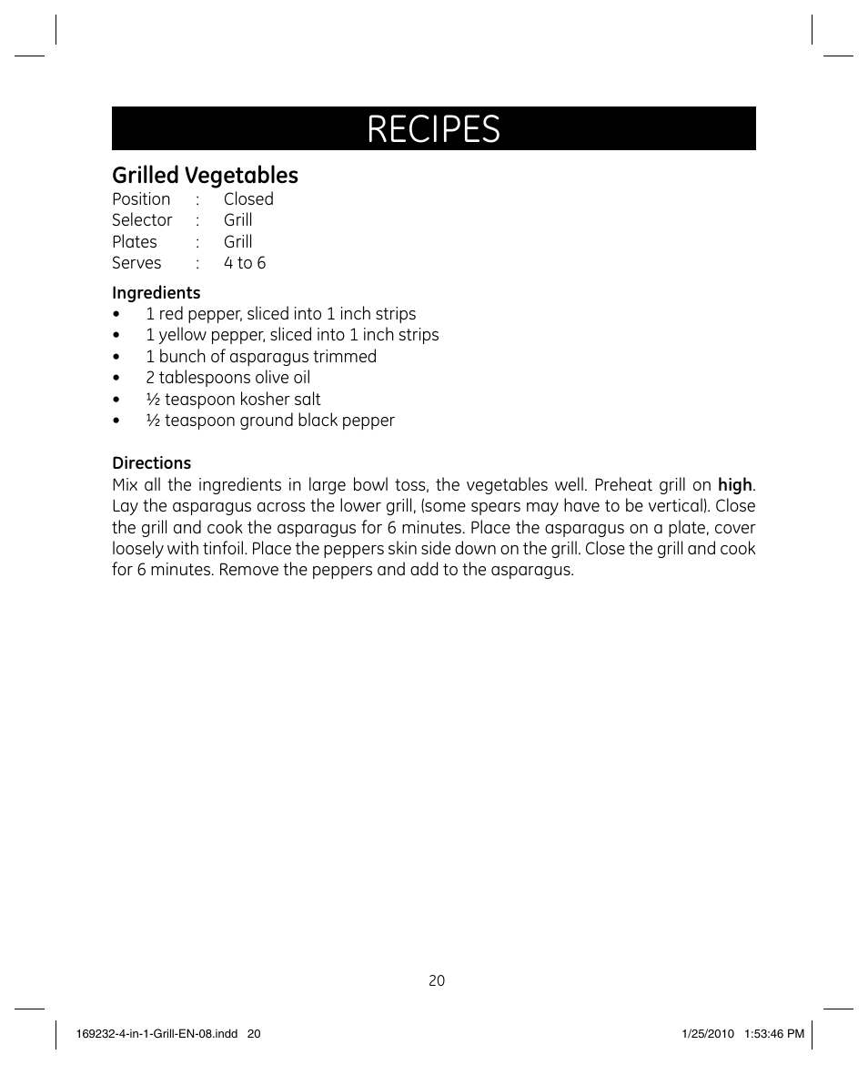 Recipes, Grilled vegetables | GE 681131692328 User Manual | Page 20 / 26