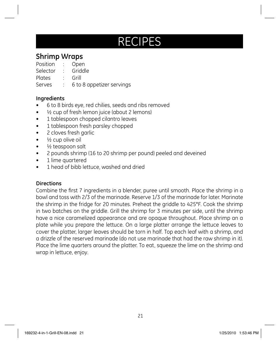 Recipes, Shrimp wraps | GE 681131692328 User Manual | Page 21 / 26