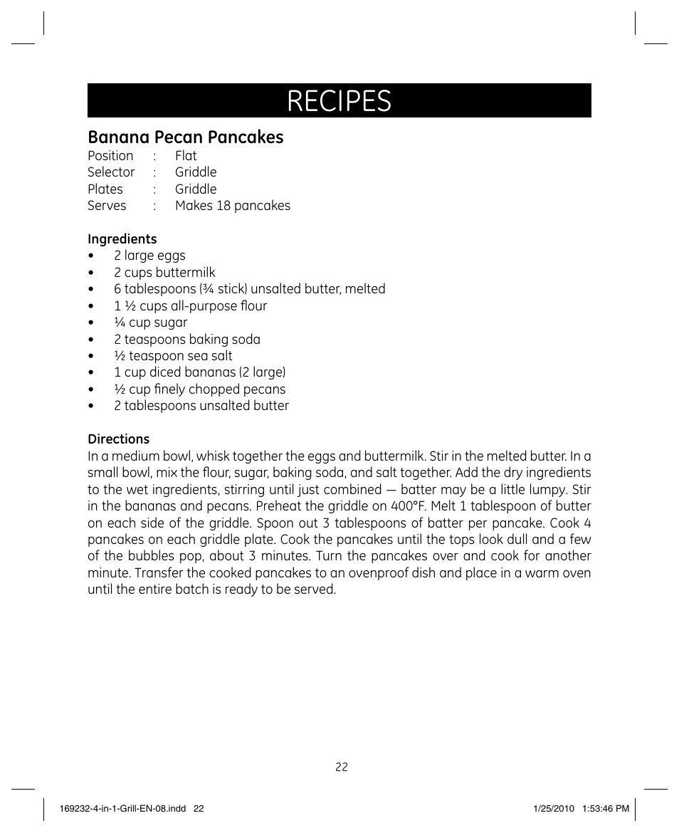 Recipes, Banana pecan pancakes | GE 681131692328 User Manual | Page 22 / 26
