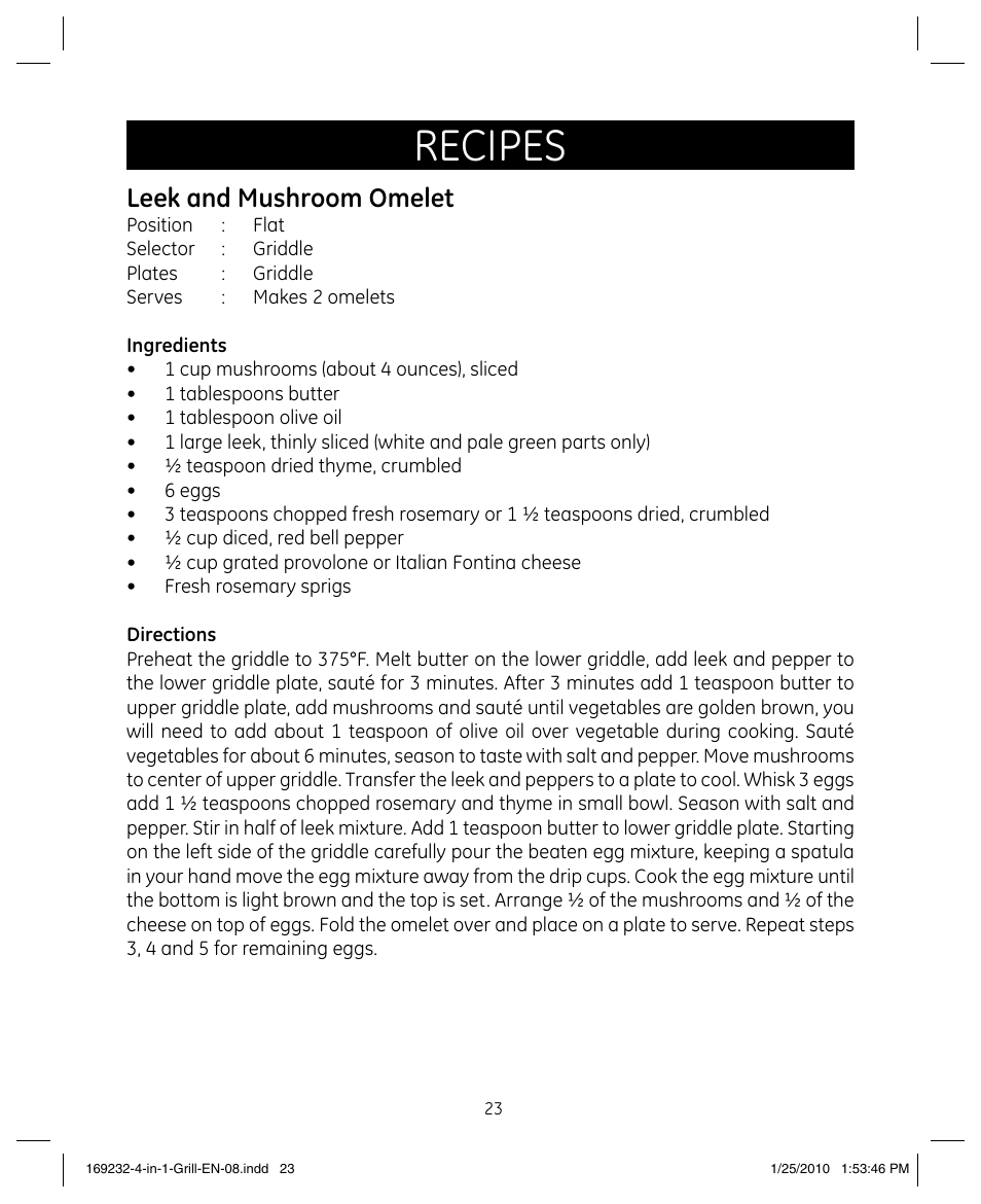 Recipes, Leek and mushroom omelet | GE 681131692328 User Manual | Page 23 / 26