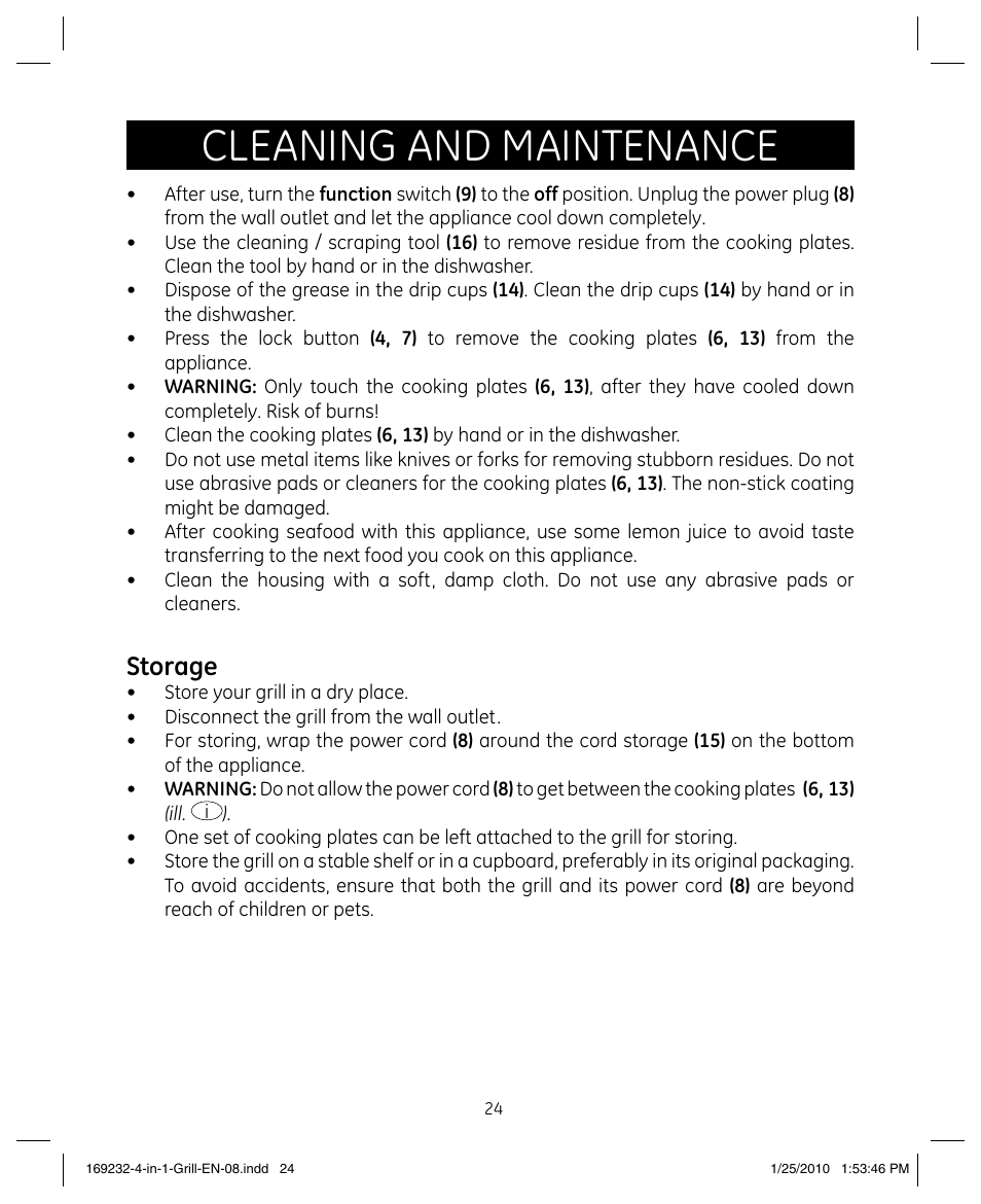 Cleaning and maintenance, Storage | GE 681131692328 User Manual | Page 24 / 26