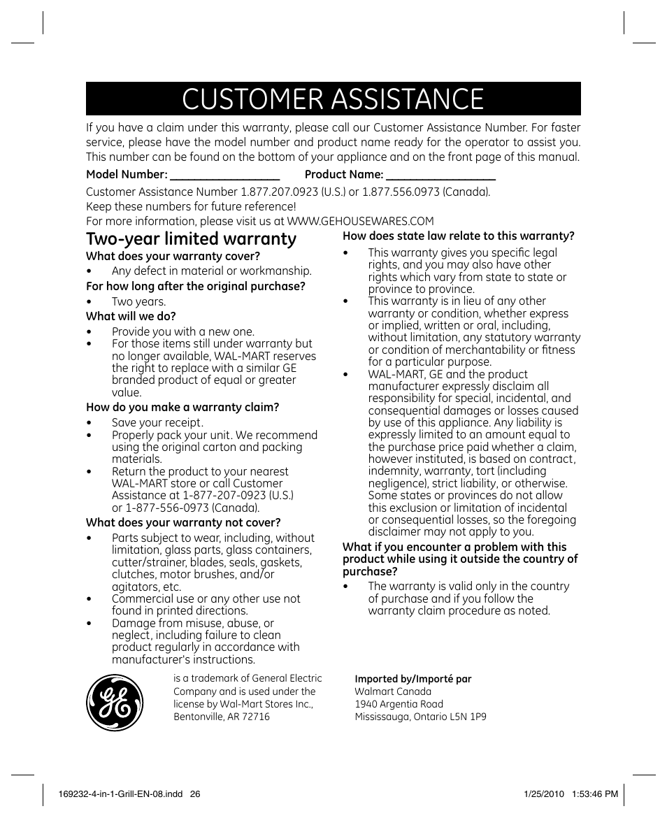 Customer assistance, Two-year limited warranty | GE 681131692328 User Manual | Page 26 / 26