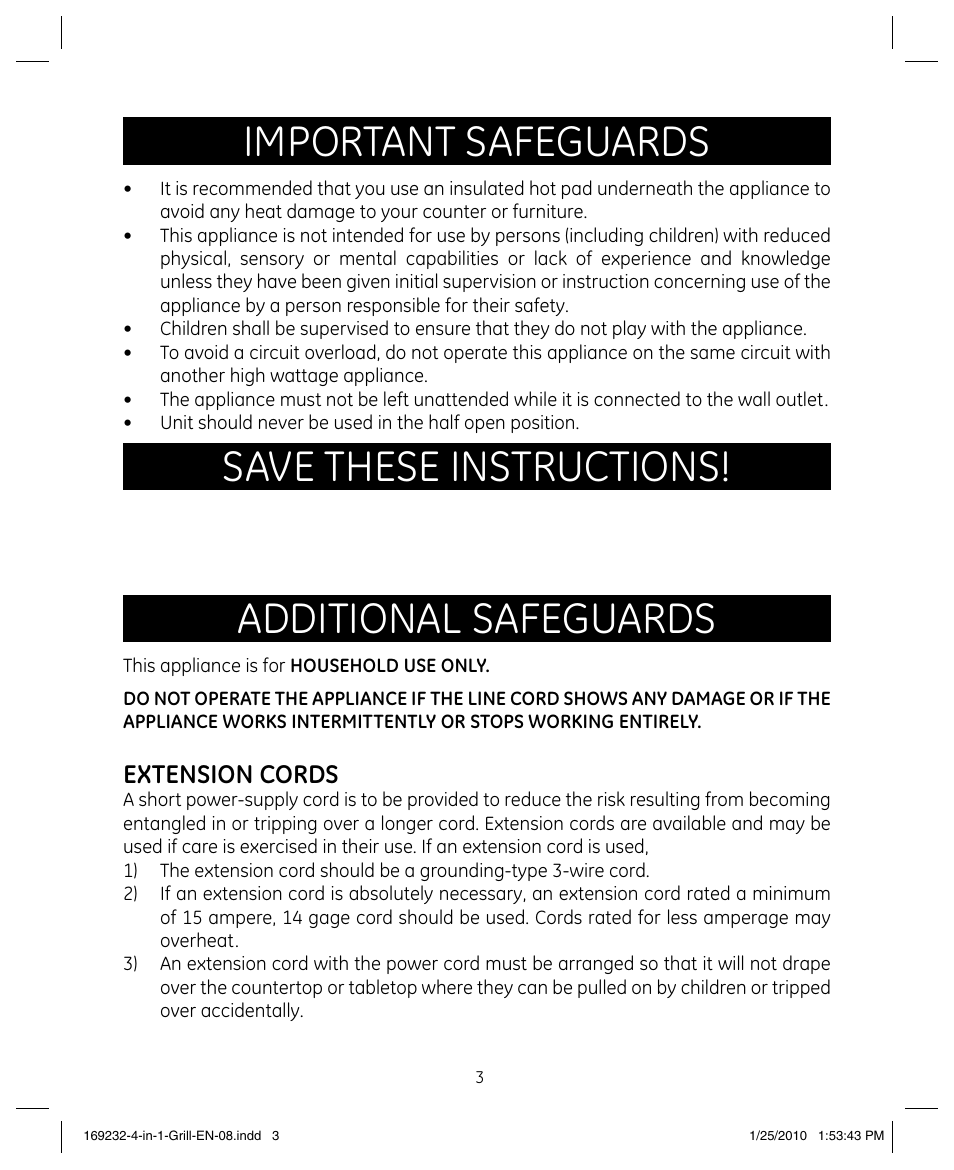 Important safeguards, Save these instructions! additional safeguards, Extension cords | GE 681131692328 User Manual | Page 3 / 26