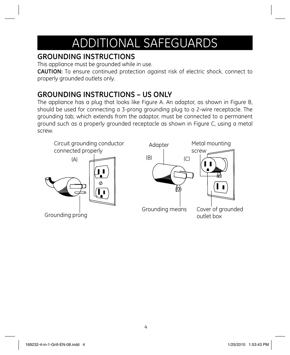 Additional safeguards, Grounding instructions, Grounding instructions – us only | GE 681131692328 User Manual | Page 4 / 26
