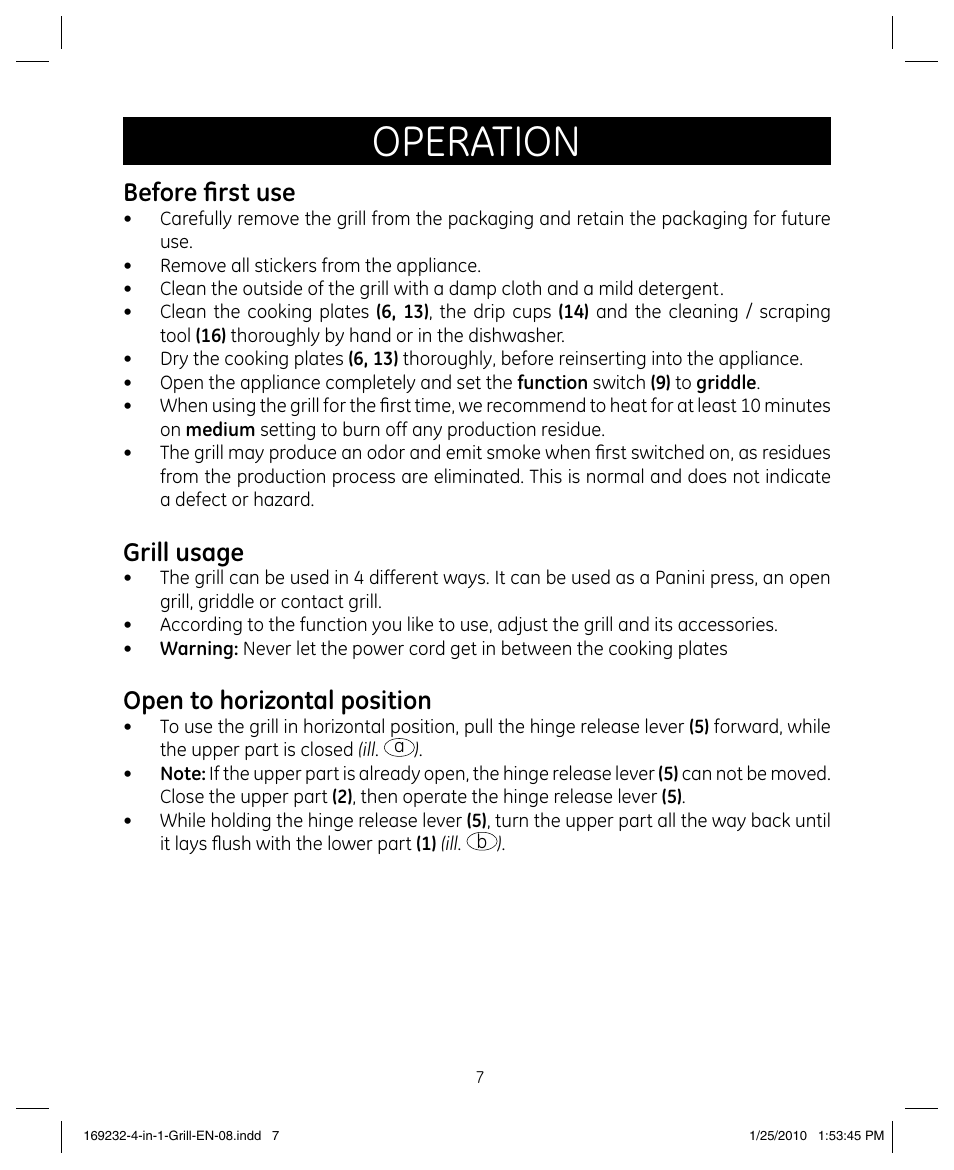 Operation, Before first use, Grill usage | Open to horizontal position | GE 681131692328 User Manual | Page 7 / 26
