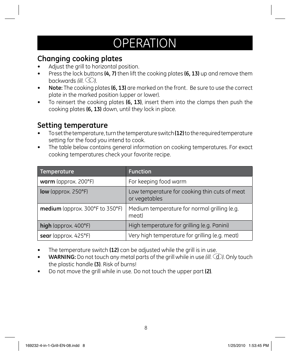 Operation, Changing cooking plates, Setting temperature | GE 681131692328 User Manual | Page 8 / 26