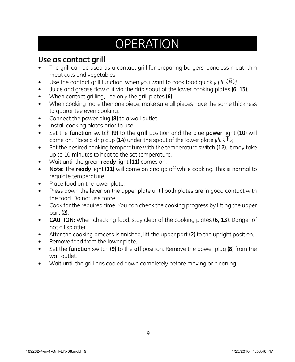 Operation, Use as contact grill | GE 681131692328 User Manual | Page 9 / 26