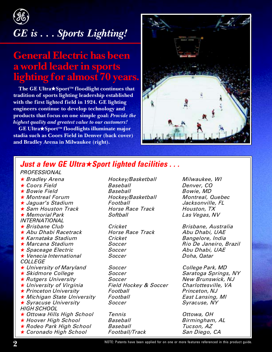 Ge is . . . sports lighting, Just a few ge ultra ★ sport lighted facilities | GE UltraSport User Manual | Page 2 / 12