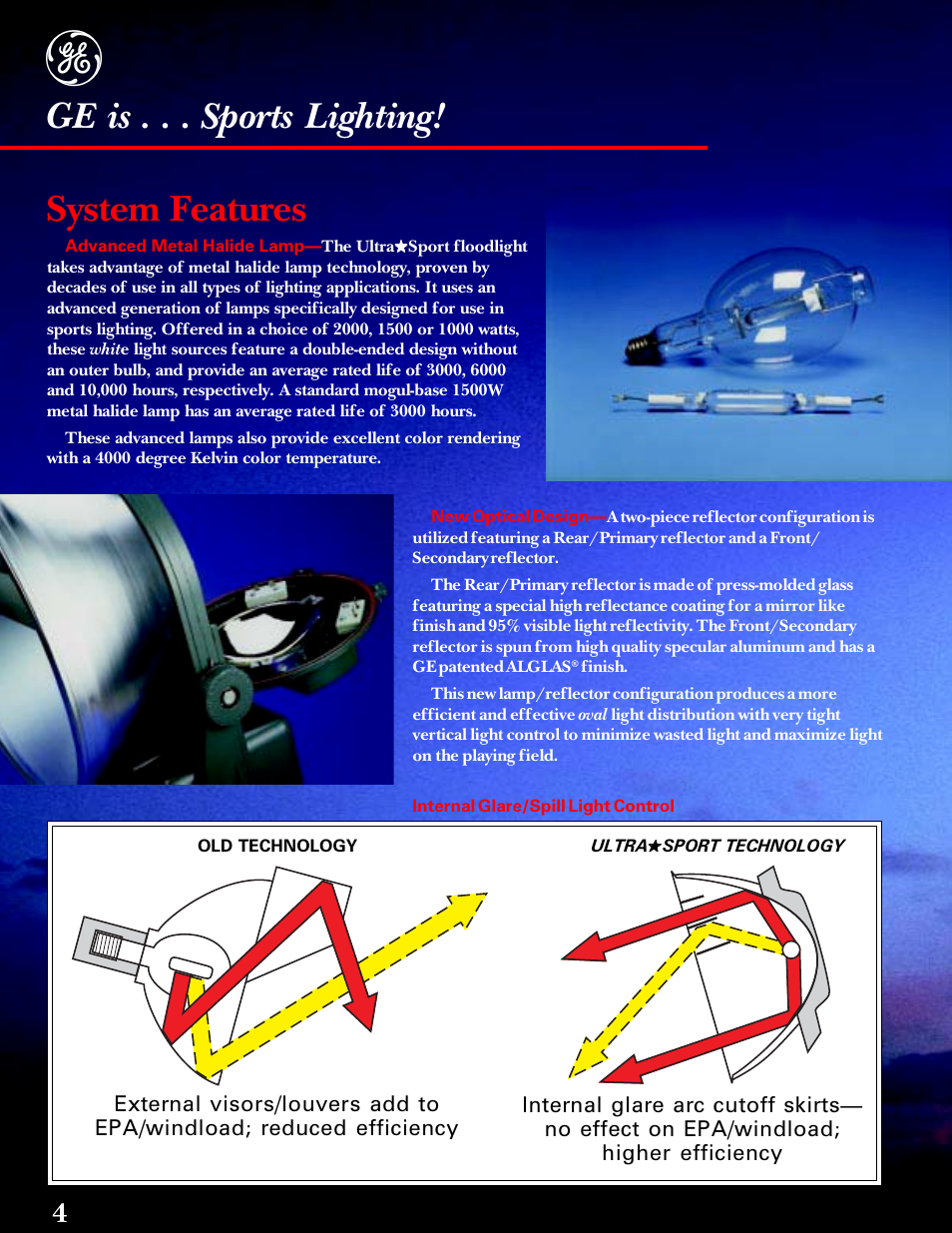 System features, Ge is . . . sports lighting | GE UltraSport User Manual | Page 4 / 12