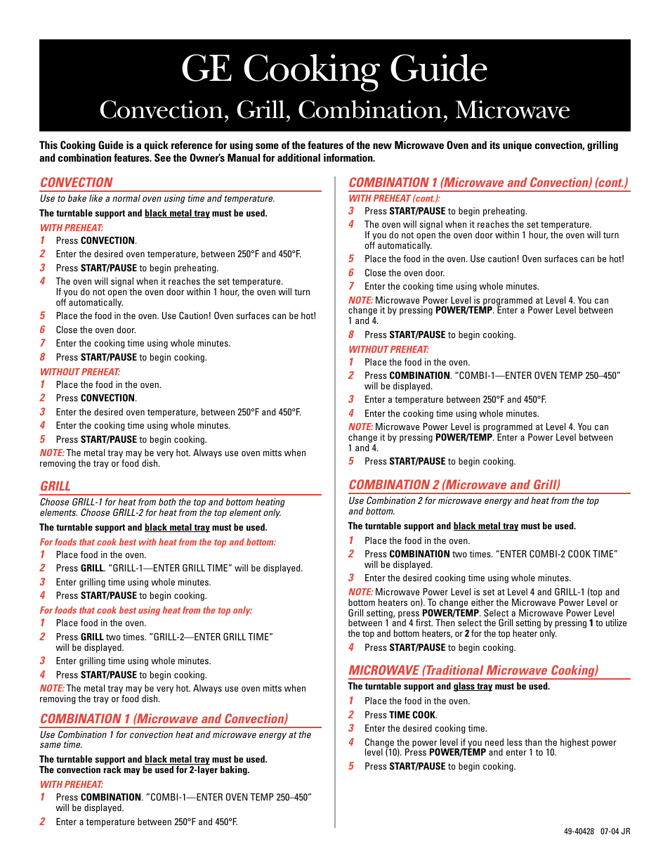 GE Convection Grill Combination Microwave Cooking Guide User Manual | 2 pages