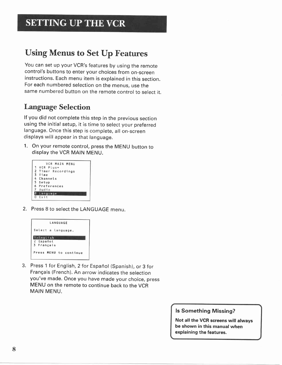 Language selection, Using menus to set up features, Setting up the vcr | GE VG4275 User Manual | Page 10 / 72