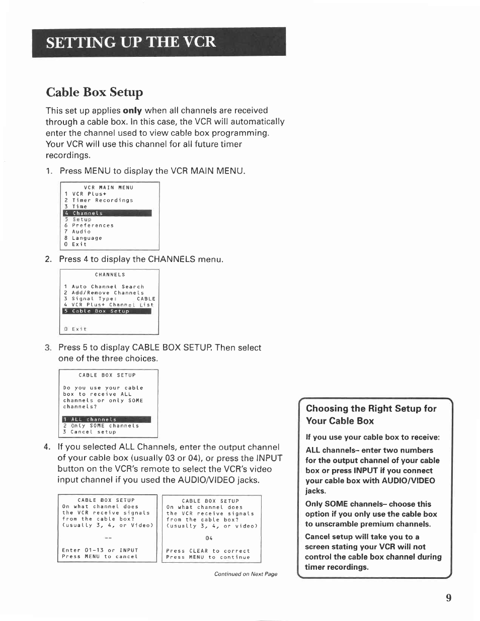 Cable box setup, Choosing the right setup for your cable box, Setting up the vcr | Only | GE VG4275 User Manual | Page 11 / 72