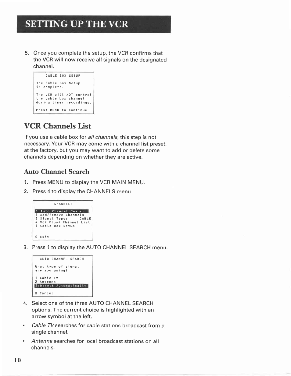 Vcr channels list, Setting up the vcr, Auto channel search | GE VG4275 User Manual | Page 12 / 72