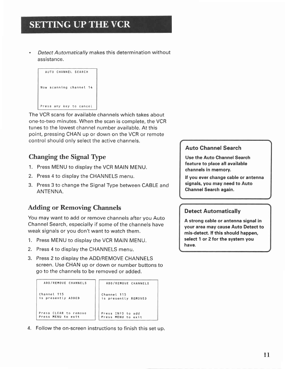 Setting up the vcr, Changing the signal type, Adding or removing channels | GE VG4275 User Manual | Page 13 / 72
