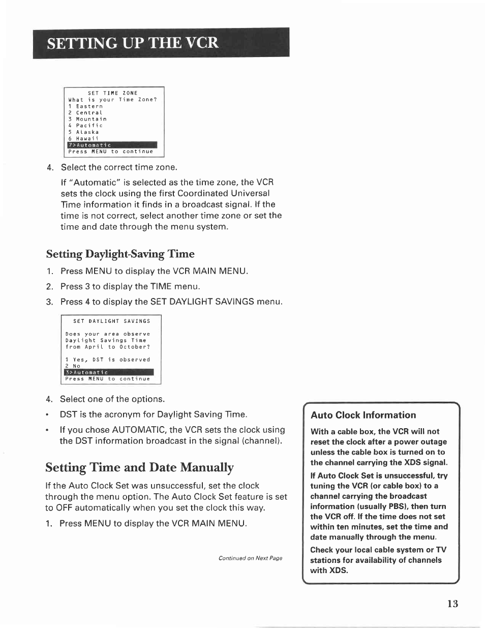 Setting daylight-saving time, Setting time and date manually, Setting up the vcr | GE VG4275 User Manual | Page 15 / 72