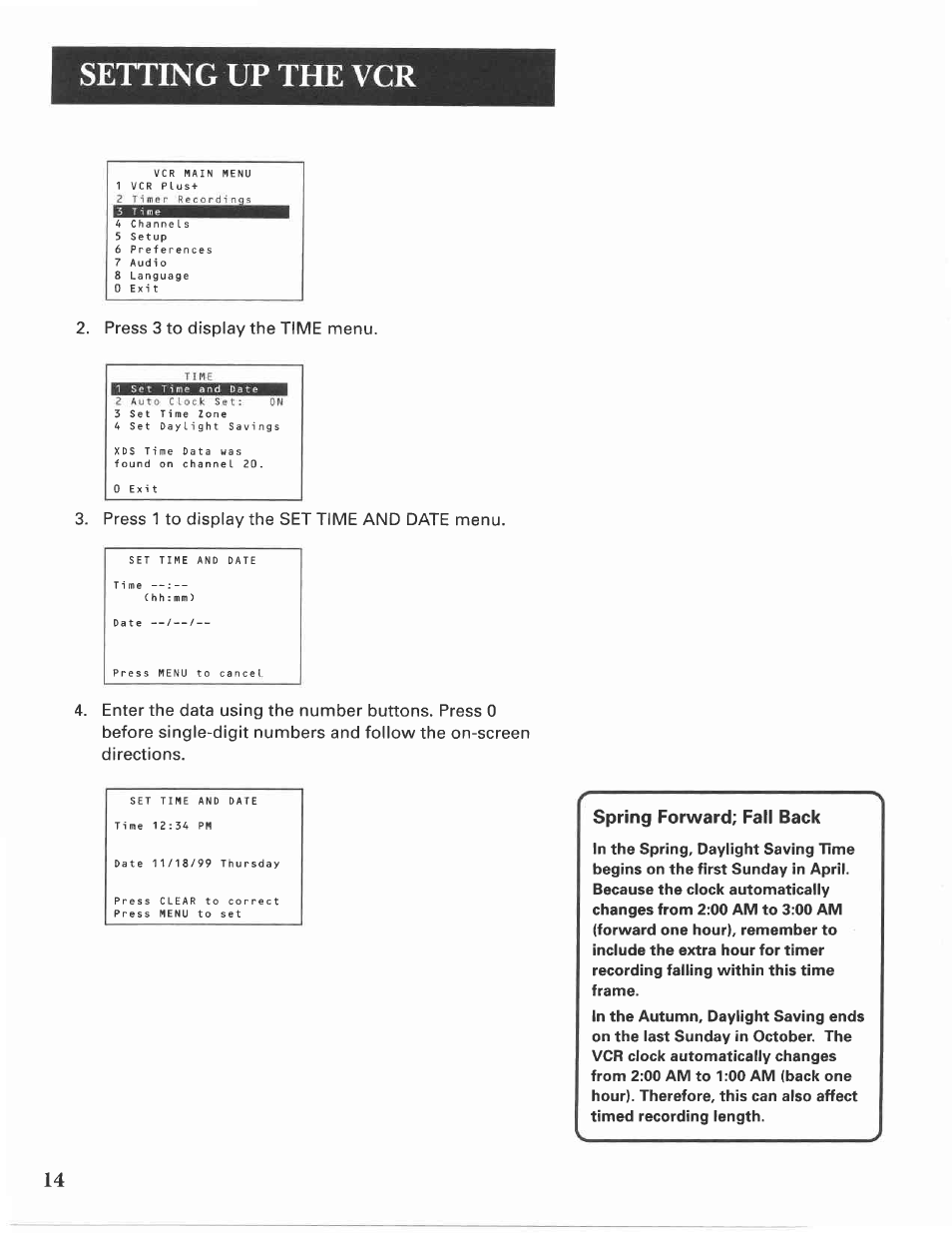 Spring forward; fall back, Setting up the vcr | GE VG4275 User Manual | Page 16 / 72