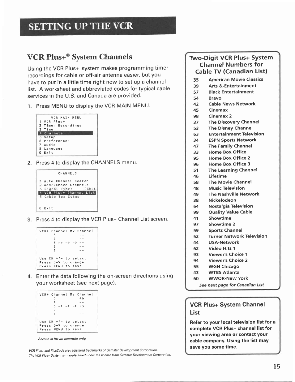 Vcr plus+® system channels, Vcr plus+ system channels, Setting up the vcr | GE VG4275 User Manual | Page 17 / 72