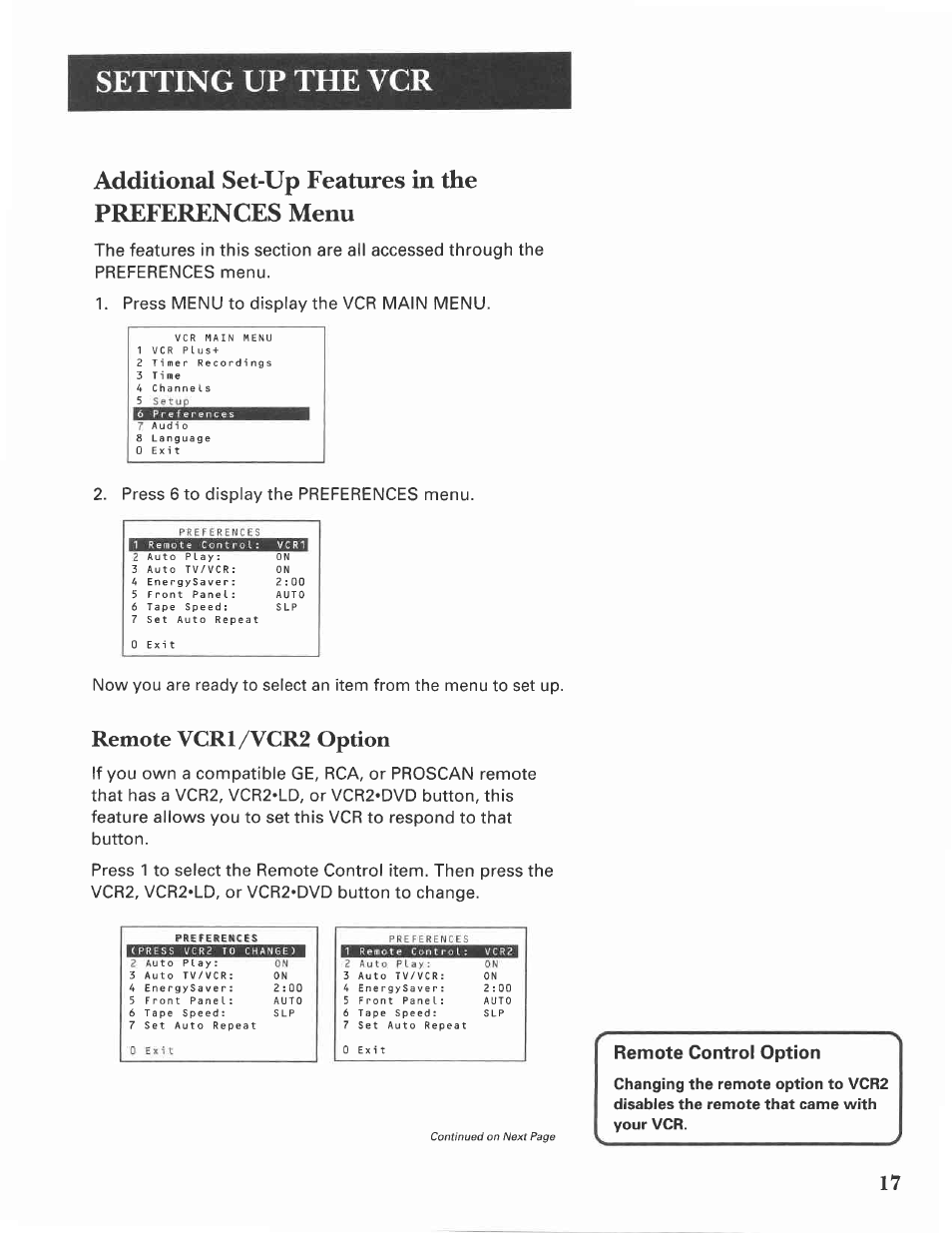 Additional set-up features in the preferences menu, Remote vcr1/vcr2 option, Remote control option | Remote vcr1a/cr2 option, Setting up the vcr | GE VG4275 User Manual | Page 19 / 72