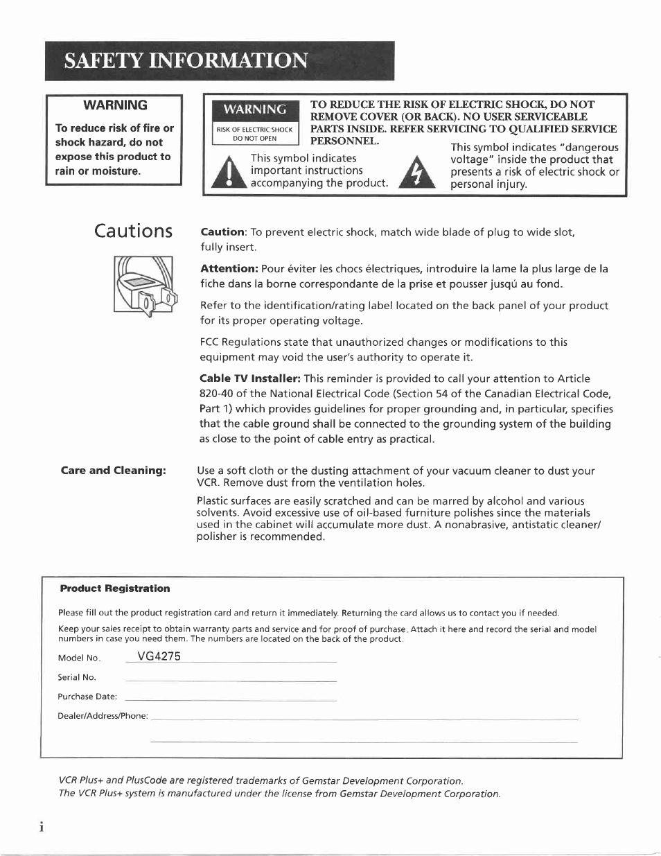 Warning, Safety information, Cautions | GE VG4275 User Manual | Page 2 / 72