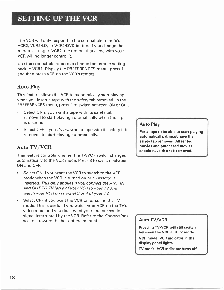 Auto play, Auto tv/vcr, Auto tva/cr | Setting up the vcr | GE VG4275 User Manual | Page 20 / 72