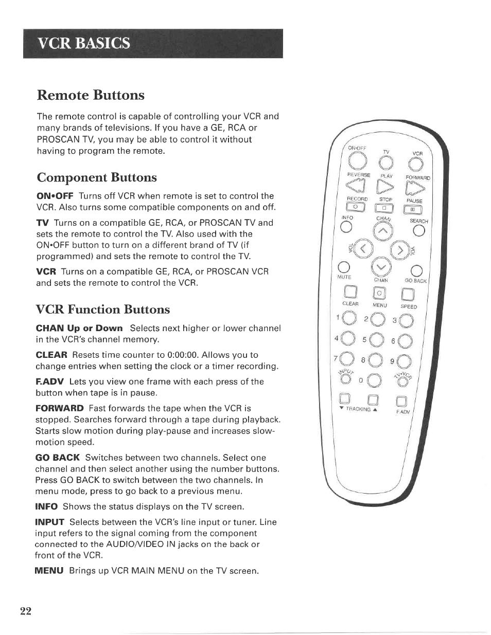 Component buttons, Vcr function buttons, Remote buttons | Vcr basics | GE VG4275 User Manual | Page 24 / 72
