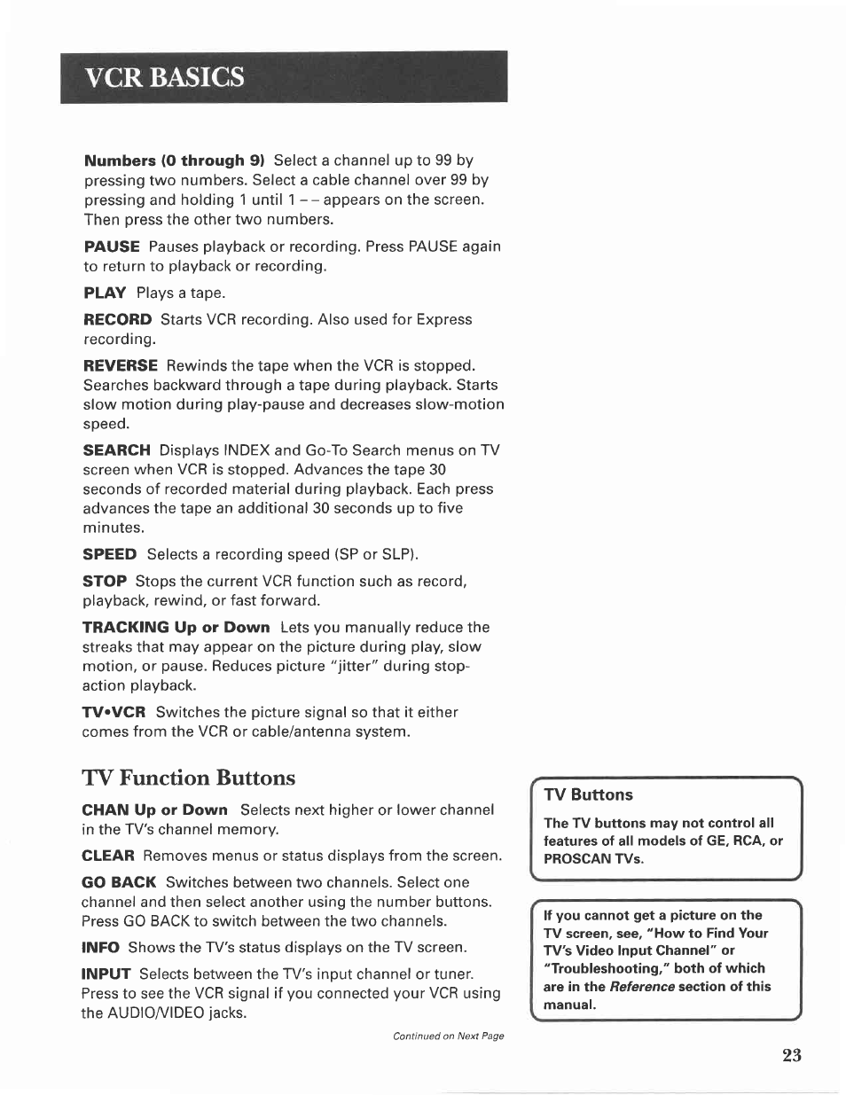 Tv function buttons, Vcr basics | GE VG4275 User Manual | Page 25 / 72