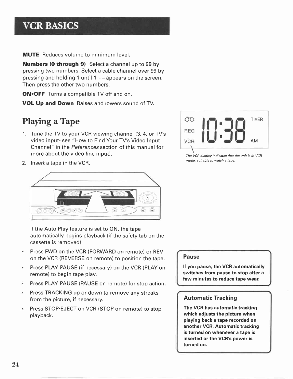 Playing a tape, Vcr basics | GE VG4275 User Manual | Page 26 / 72