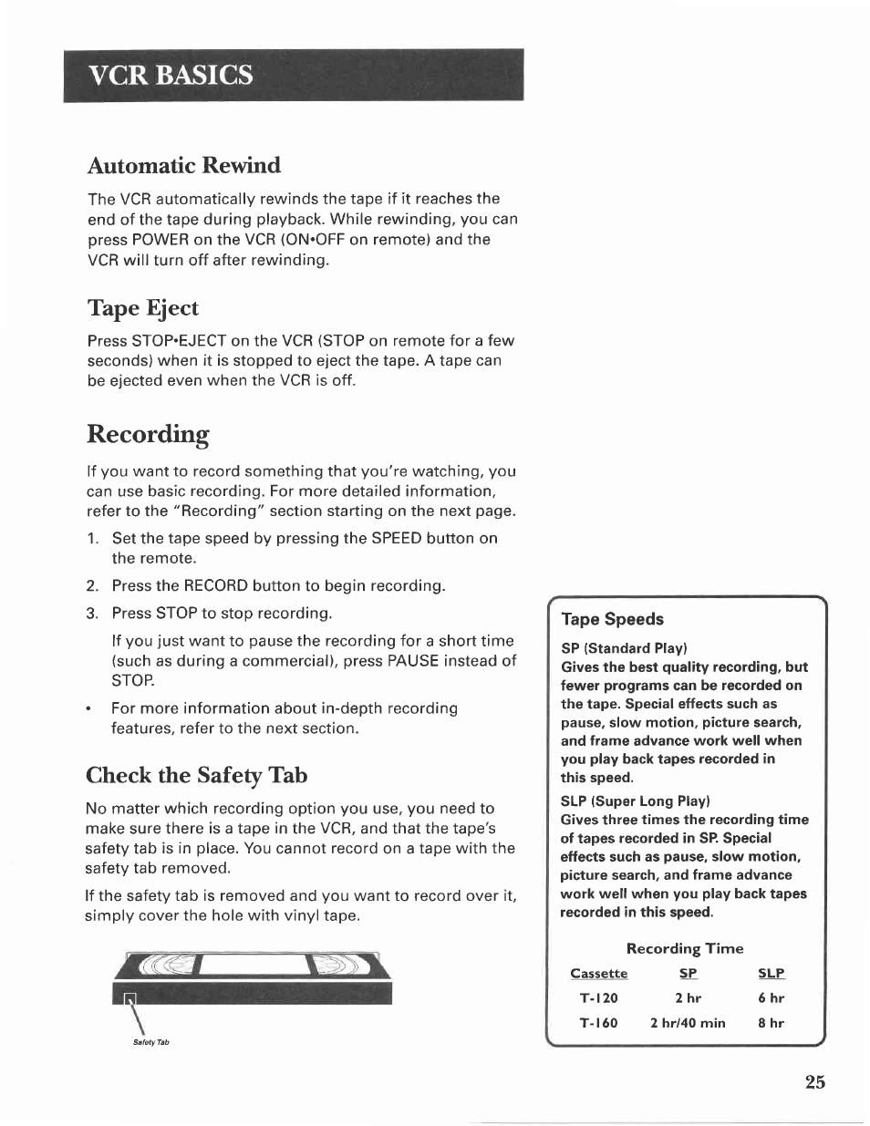 Automatic rewind, Tape eject, Check the safety tab | Recording, Vcr basics | GE VG4275 User Manual | Page 27 / 72