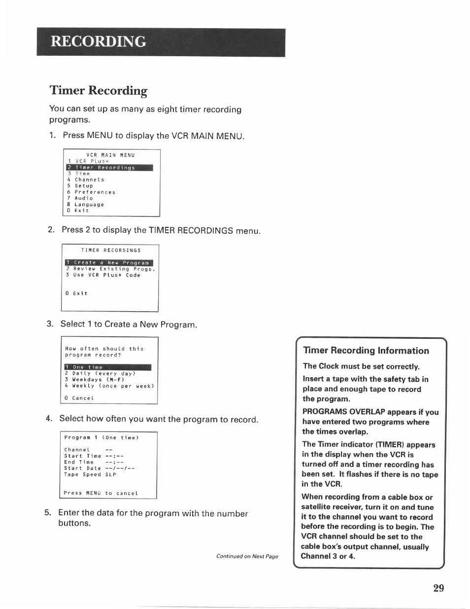Timer recording, Timer recording information, Recording | Mmsassmm | GE VG4275 User Manual | Page 31 / 72