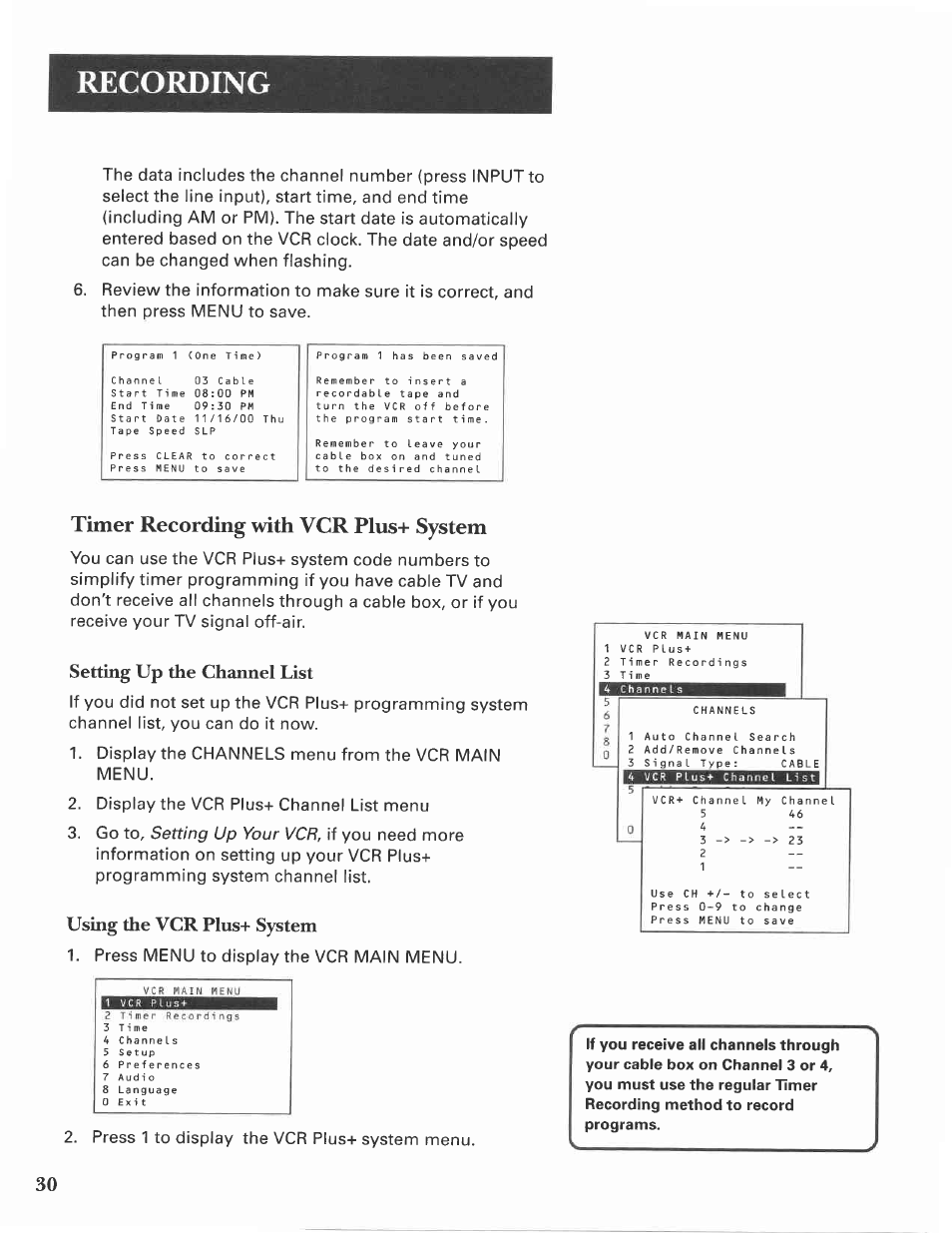 Timer recording with vcr plus+ system, Recording, Setting up the channel list | Using the vcr, System, Setting up your vcr | GE VG4275 User Manual | Page 32 / 72