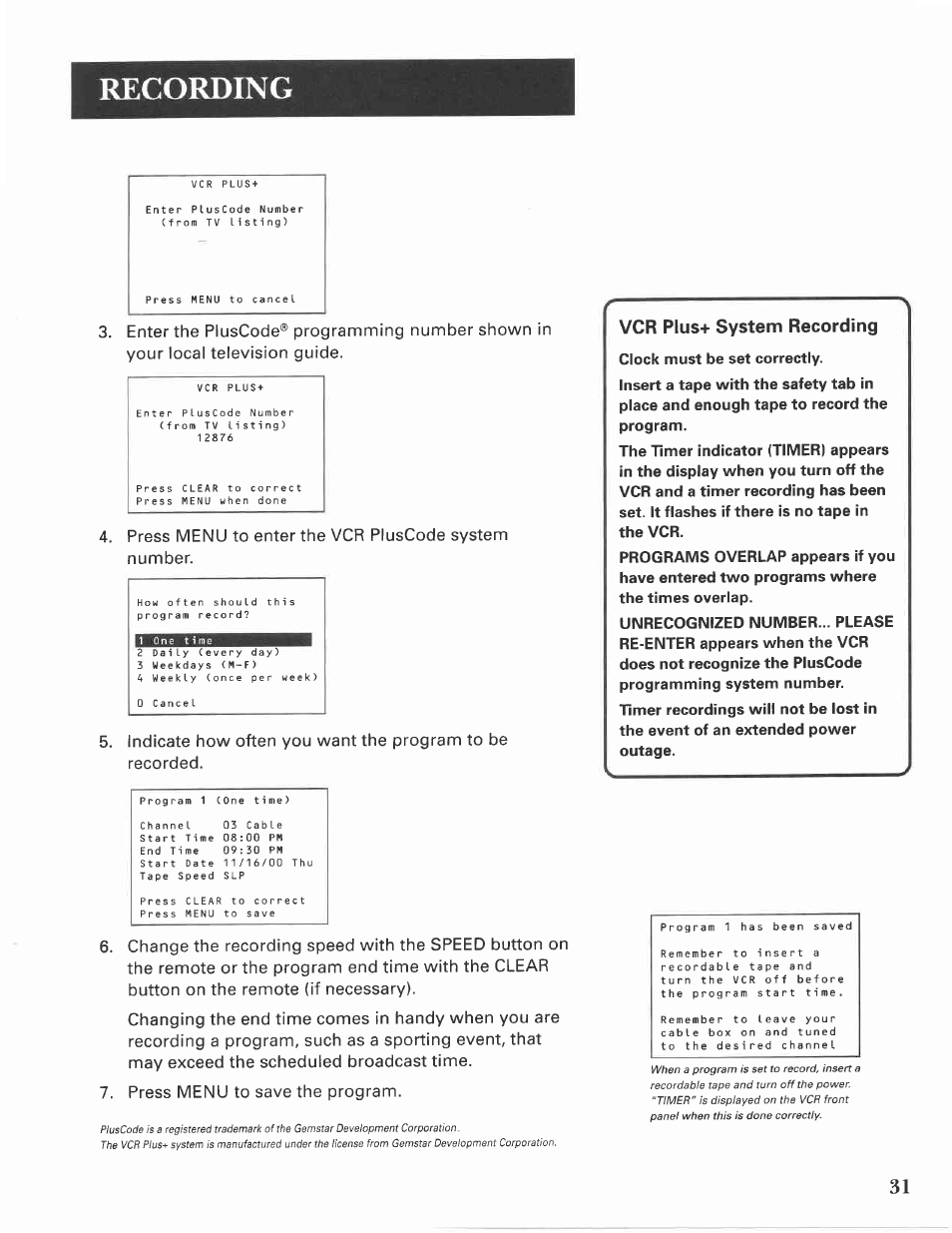Vcr plus+ system recording, Recording | GE VG4275 User Manual | Page 33 / 72