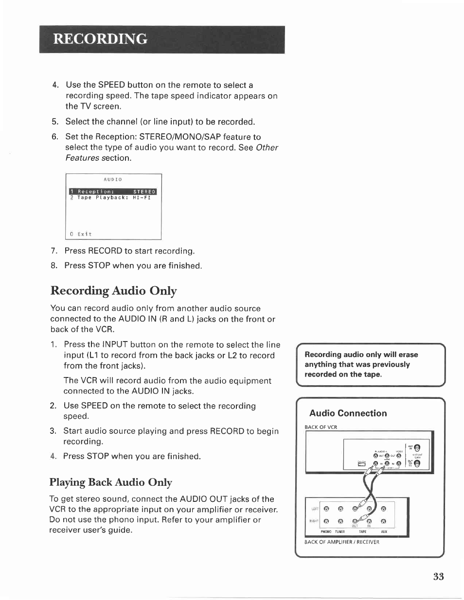 Recording audio only, Recording, Playing back audio only | GE VG4275 User Manual | Page 35 / 72
