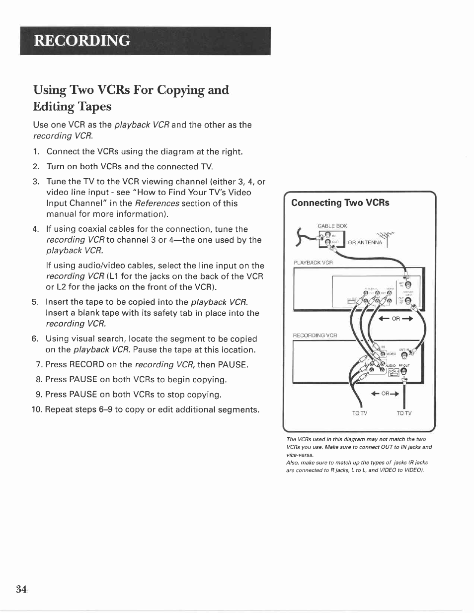 Using two vcrs for copying and editing tapes, Recording | GE VG4275 User Manual | Page 36 / 72