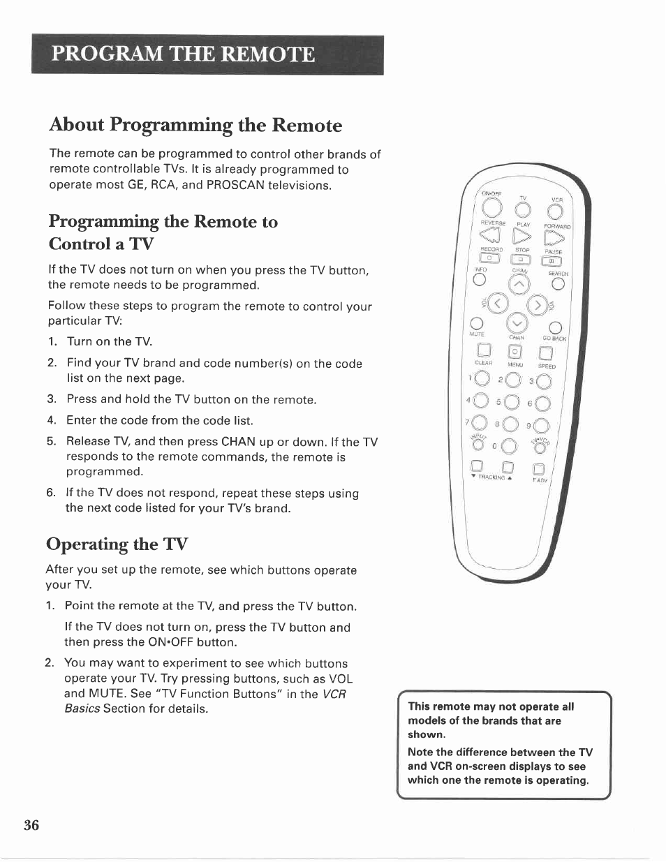Programming the remote to control a tv, Operating the tv, About programming the remote | Program the remote | GE VG4275 User Manual | Page 38 / 72
