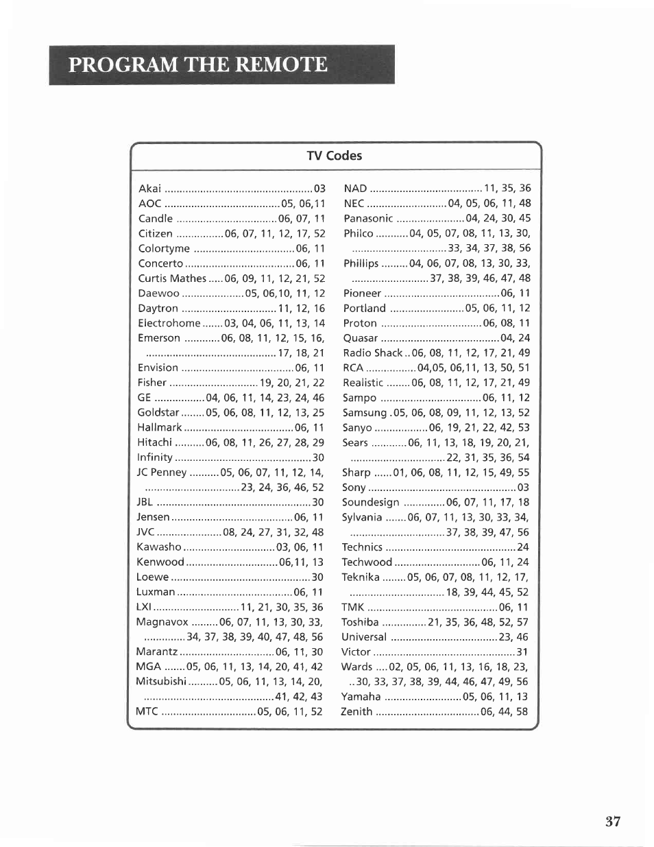 Tv codes, Program the remote | GE VG4275 User Manual | Page 39 / 72