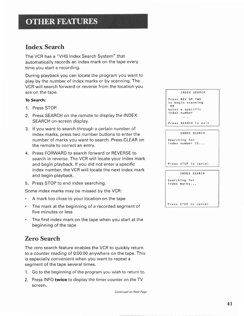Index search, Zero search, Other features | Twice | GE VG4275 User Manual | Page 43 / 72