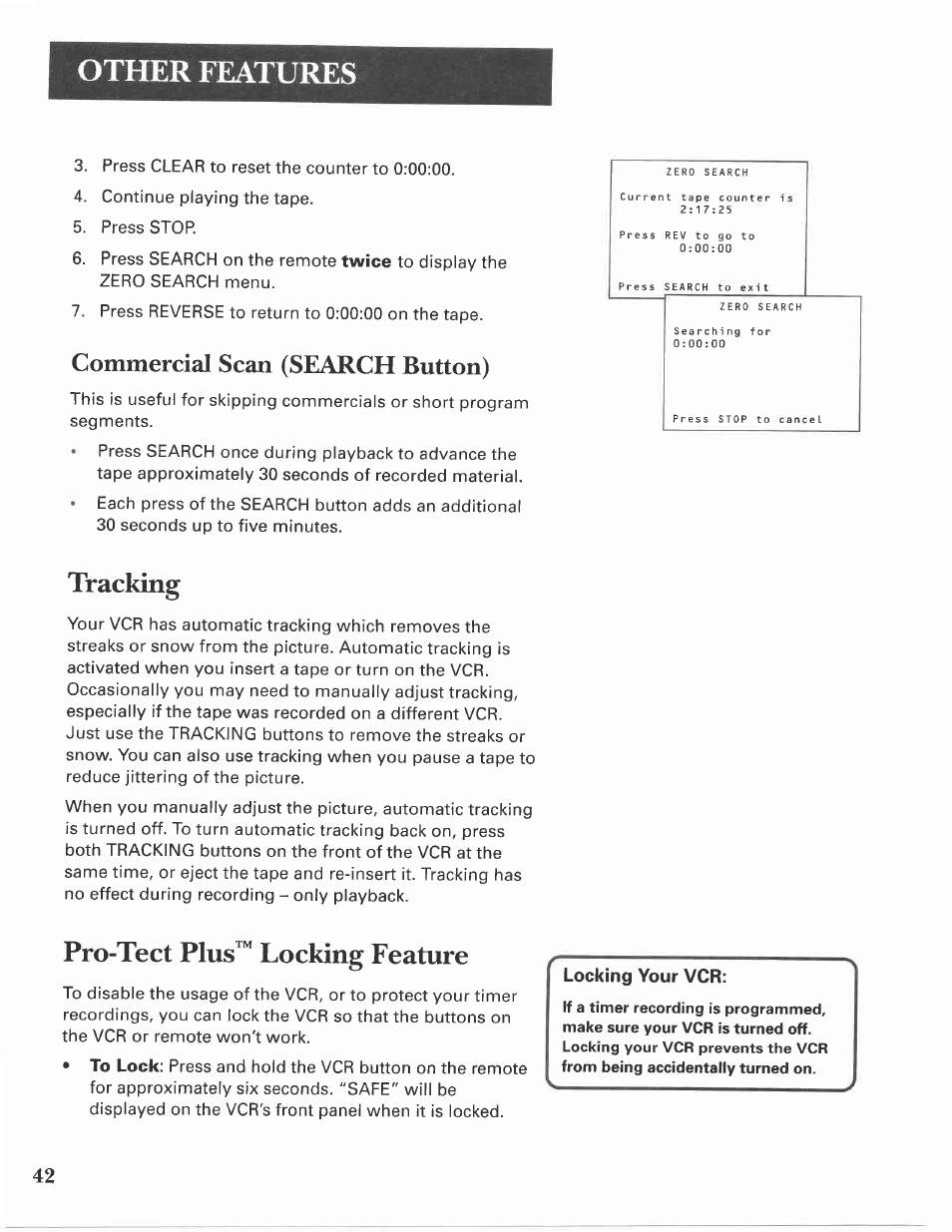 Commercial scan (search button), Tracking, Pro-tect plus™ locking feature | Other features, Twice | GE VG4275 User Manual | Page 44 / 72