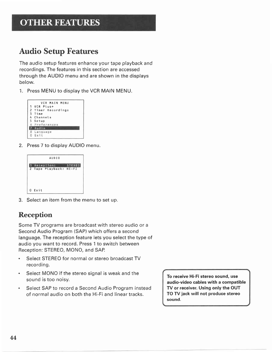 Reception, Audio setup features, Other features | GE VG4275 User Manual | Page 46 / 72