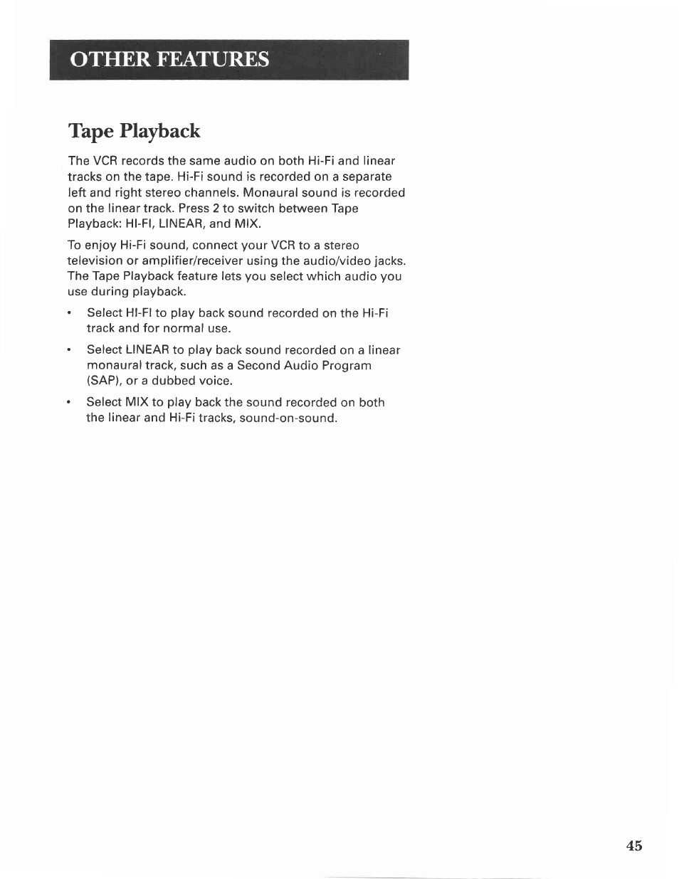 Tape playback, Other features | GE VG4275 User Manual | Page 47 / 72
