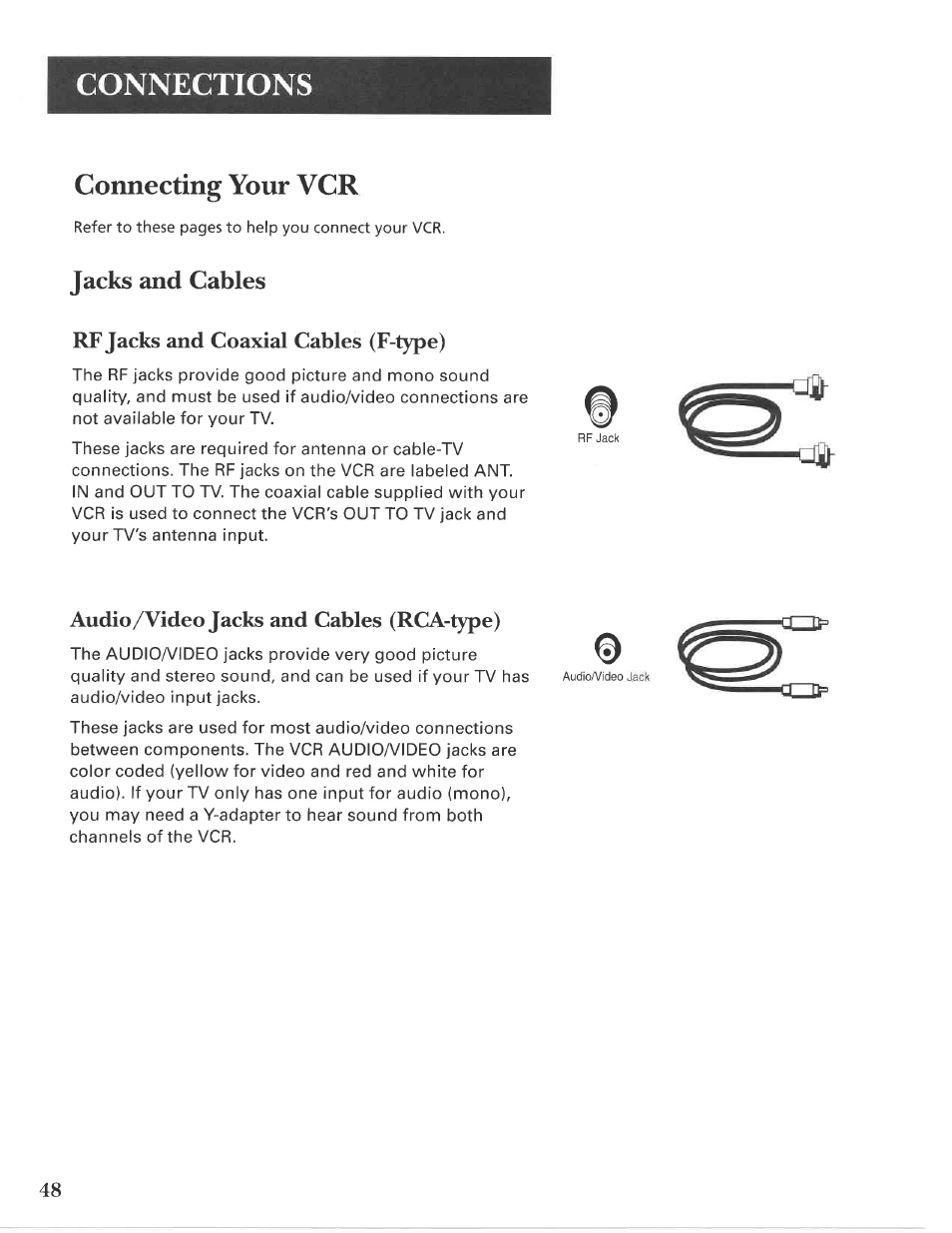 Jacks and cables, Rf jacks and coaxial cables (f-type), Audio/video jacks and cables (rca-type) | Audioa/ideo jacks and cables (rca-type), Connecting your vcr, Connections | GE VG4275 User Manual | Page 50 / 72