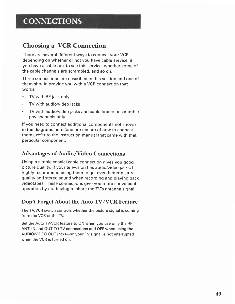Choosing a vcr connection, Advantages of audio/video connections, Don’t forget about the auto tv/vcr feature | Advantages of audioa/ideo connections, Connections | GE VG4275 User Manual | Page 51 / 72