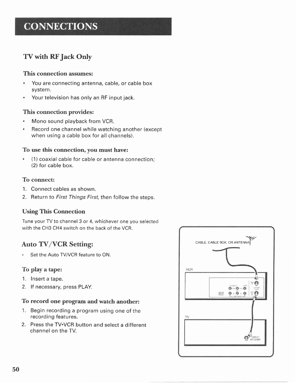 Tv with rf jack only, Auto tv/vcr setting, Connections | This connection assumes, This connection provides, Using this connection | GE VG4275 User Manual | Page 52 / 72