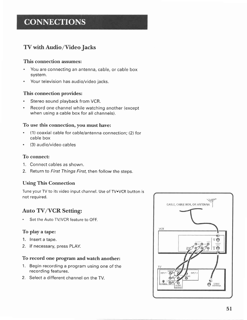 Tv with audio/video jacks, Auto tv/vcr setting, Connections | This connection assumes, This connection provides, Using this connection | GE VG4275 User Manual | Page 53 / 72