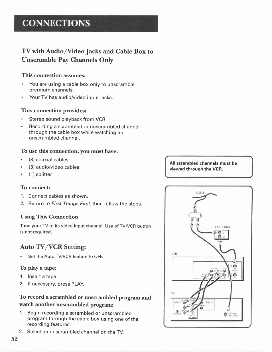 Auto tv/vcr setting, Tv with audio/video jacks and cable box to, Unscramble pay channels only | Connections, This connection assumes, This connection provides, Using this connection | GE VG4275 User Manual | Page 54 / 72