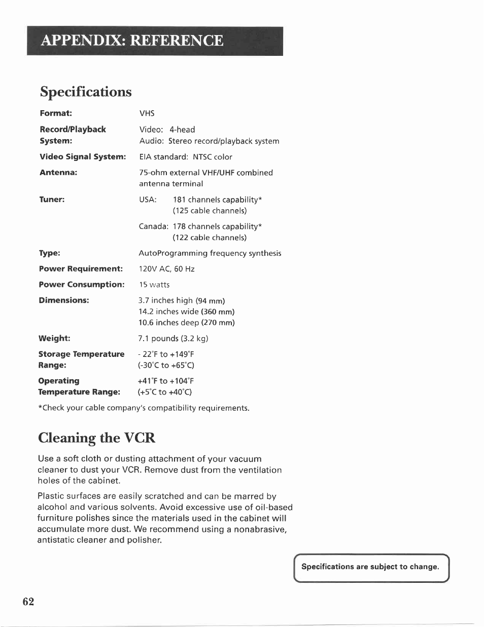 Specifications, Cleaning the vcr, Appendix: reference | GE VG4275 User Manual | Page 64 / 72