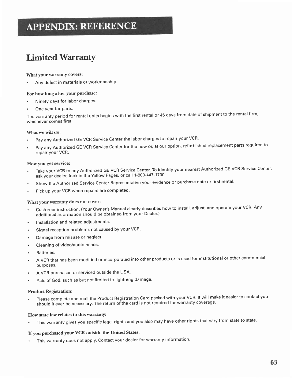 Limited warranty, Appendix: reference | GE VG4275 User Manual | Page 65 / 72